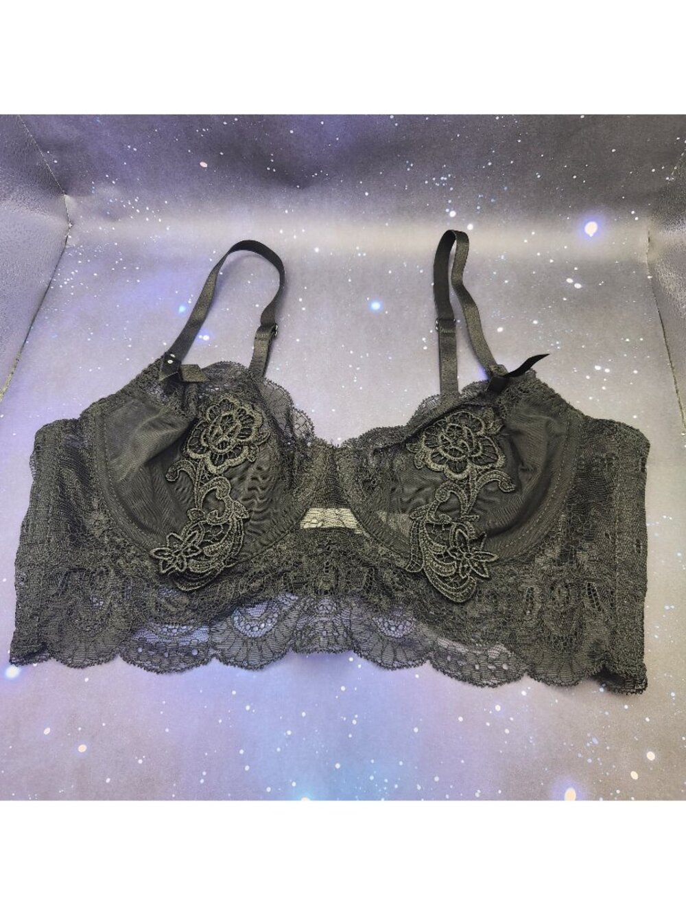 Charm Sweeter Solid Black Floral Lace Underwire Bra 36 C NEW Lingerie Bralette